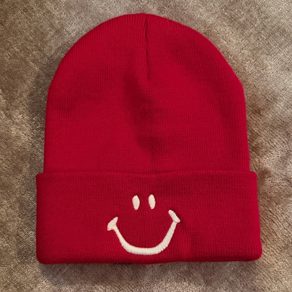 Cheerful Red Kids Beanie with Smiley Face